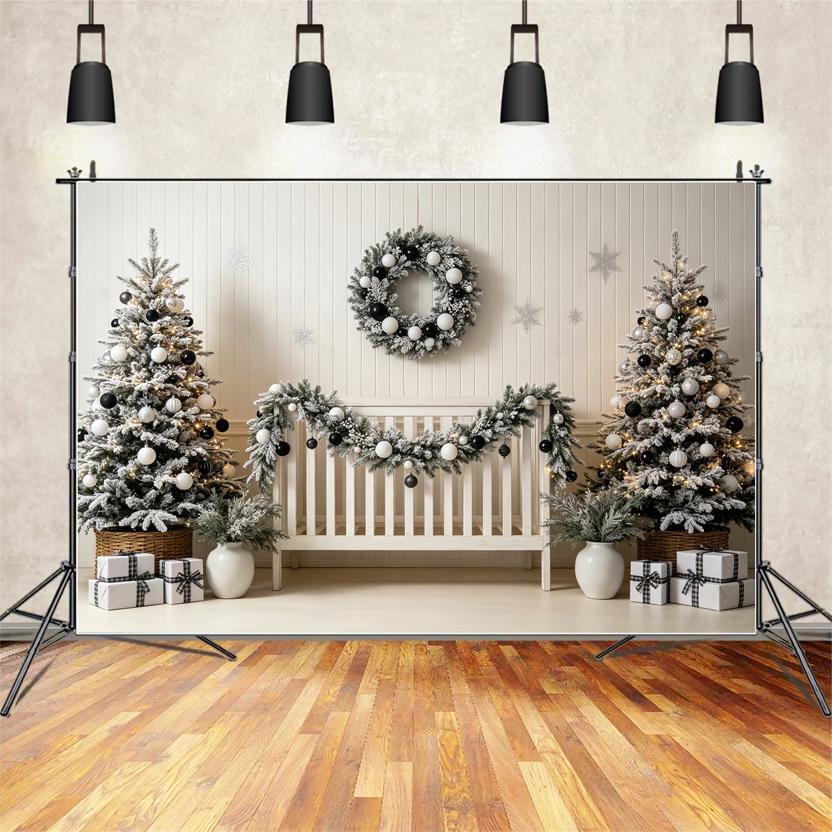 Christmas Headboard Backdrop Black White Nursery Decor Muslin Backdrop Christmas CSH69-23