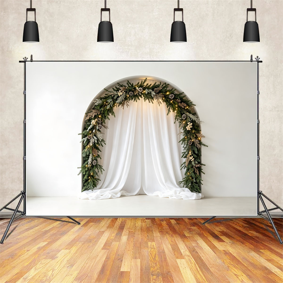White Christmas Backdrop Elegant Drapery Garland Arch Christmas Backdrop CSH69-26