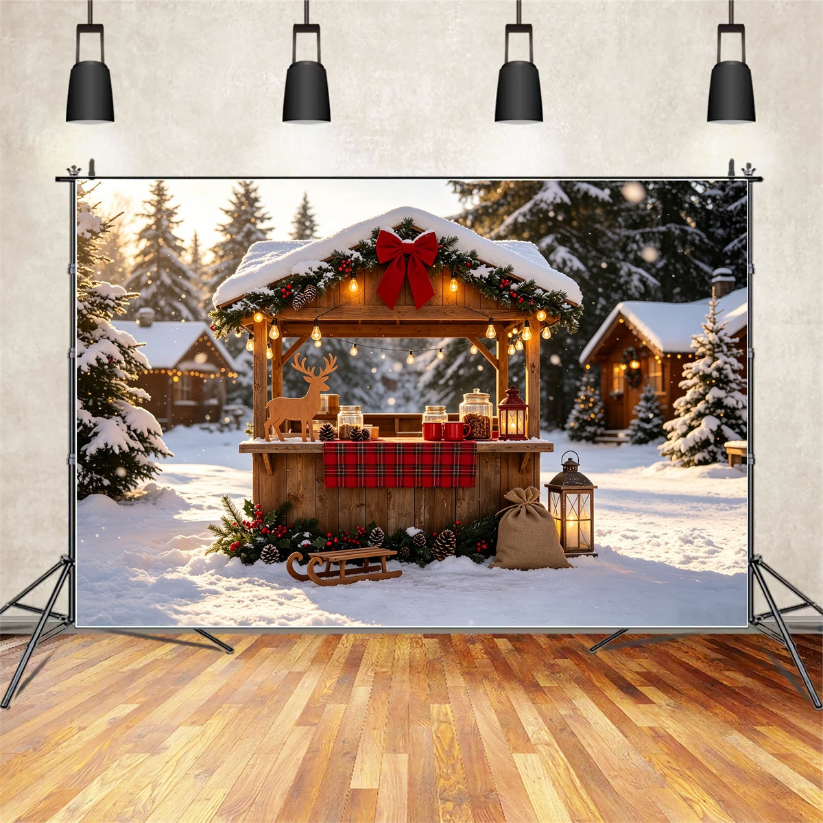 Snowy Christmas Backdrop Winter Rustic Market Stall Christmas Backdrops CSH69-27