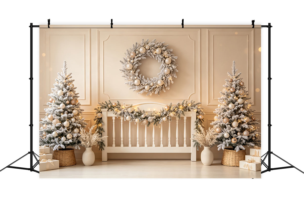 Christmas Headboard Backdrop Ivory Frosted Wreath Display Christmas Photo Backdrops CSH69-29