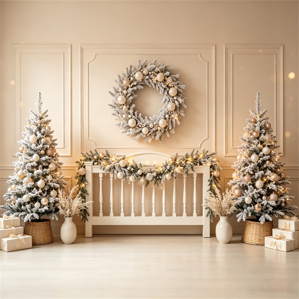 Christmas Headboard Backdrop Ivory Frosted Wreath Display Christmas Photo Backdrops CSH69-29