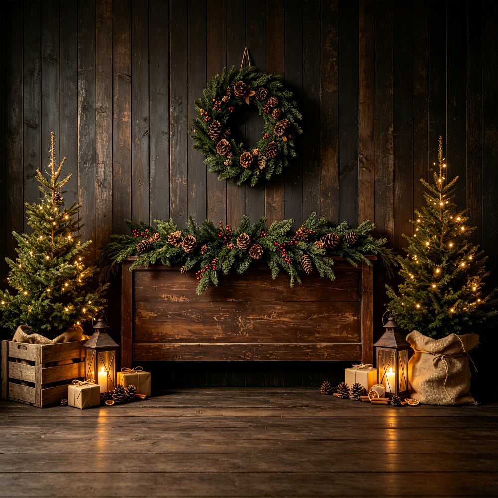 Wooden Christmas Backdrop Rustic Pine Lantern Display Backdrop Christmas CSH69-30