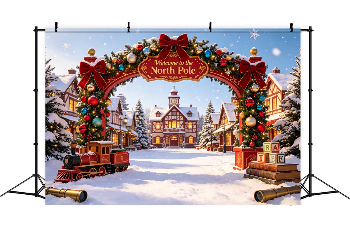 North Pole Christmas Backdrop Snowy Village Gateway Christmas Photography Backdrop CSH69-31