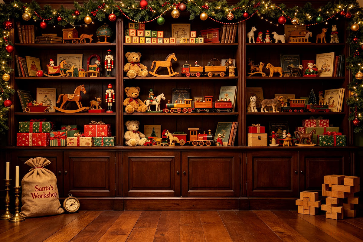 Indoor Christmas Backdrop Vintage Toy Workshop Shelves Professional Christmas Backdrops CSH69-32