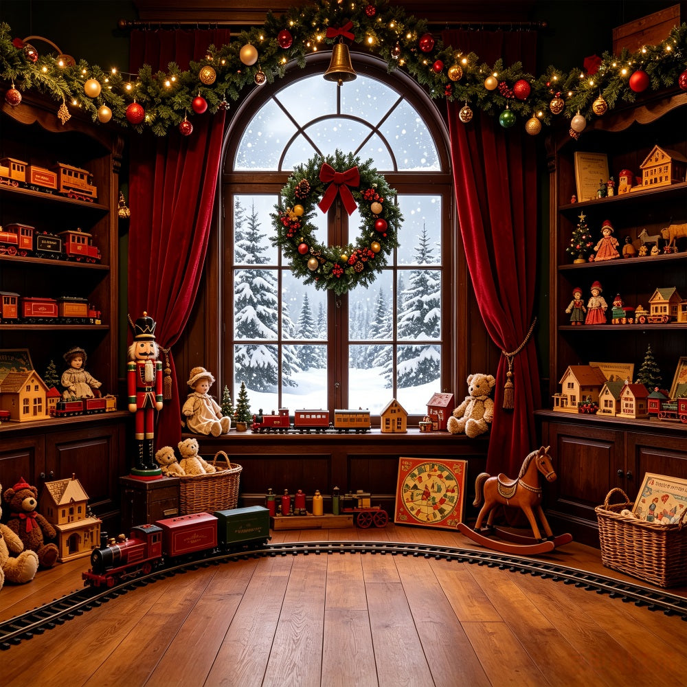 Vintage Christmas Backdrop Toy Train Room Window Large Christmas Backdrops CSH69-35