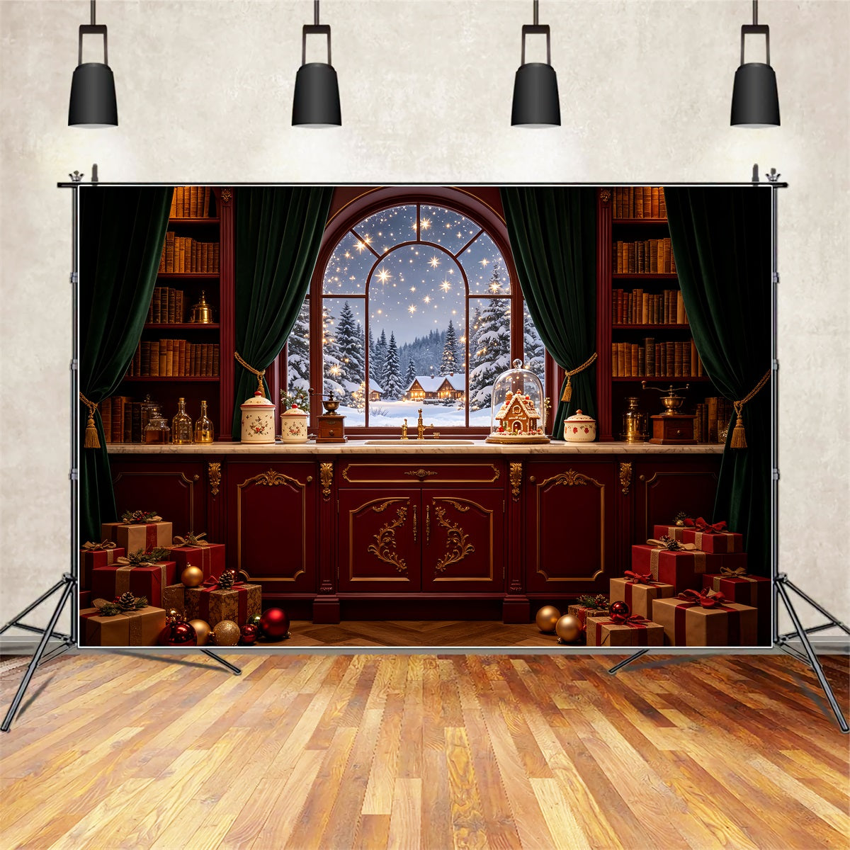 Christmas Night Backdrop Snowy Cottage Window Pantry Photography Christmas Backdrops CSH69-37