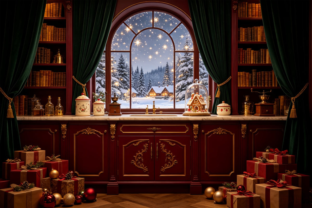 Christmas Night Backdrop Snowy Cottage Window Pantry Photography Christmas Backdrops CSH69-37