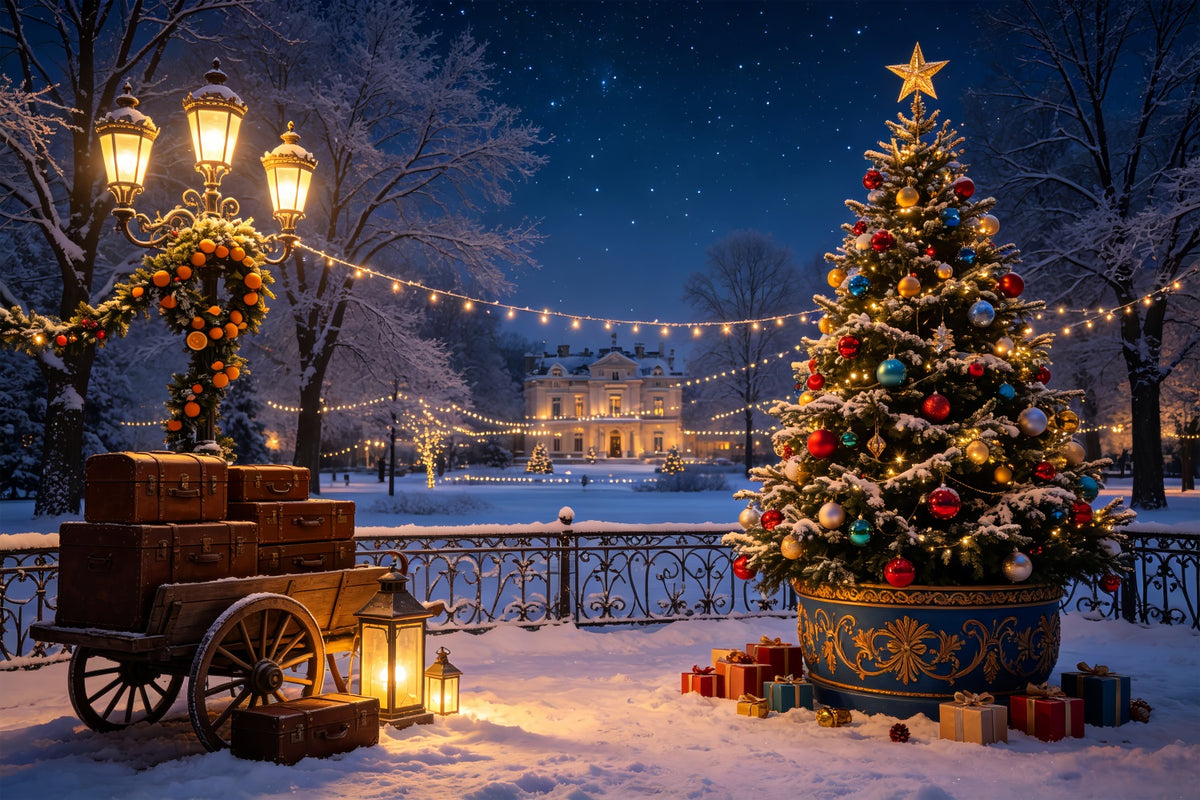 Winter Christmas Backdrop Grand Estate Tree Cart Backdrops Christmas CSH69-39
