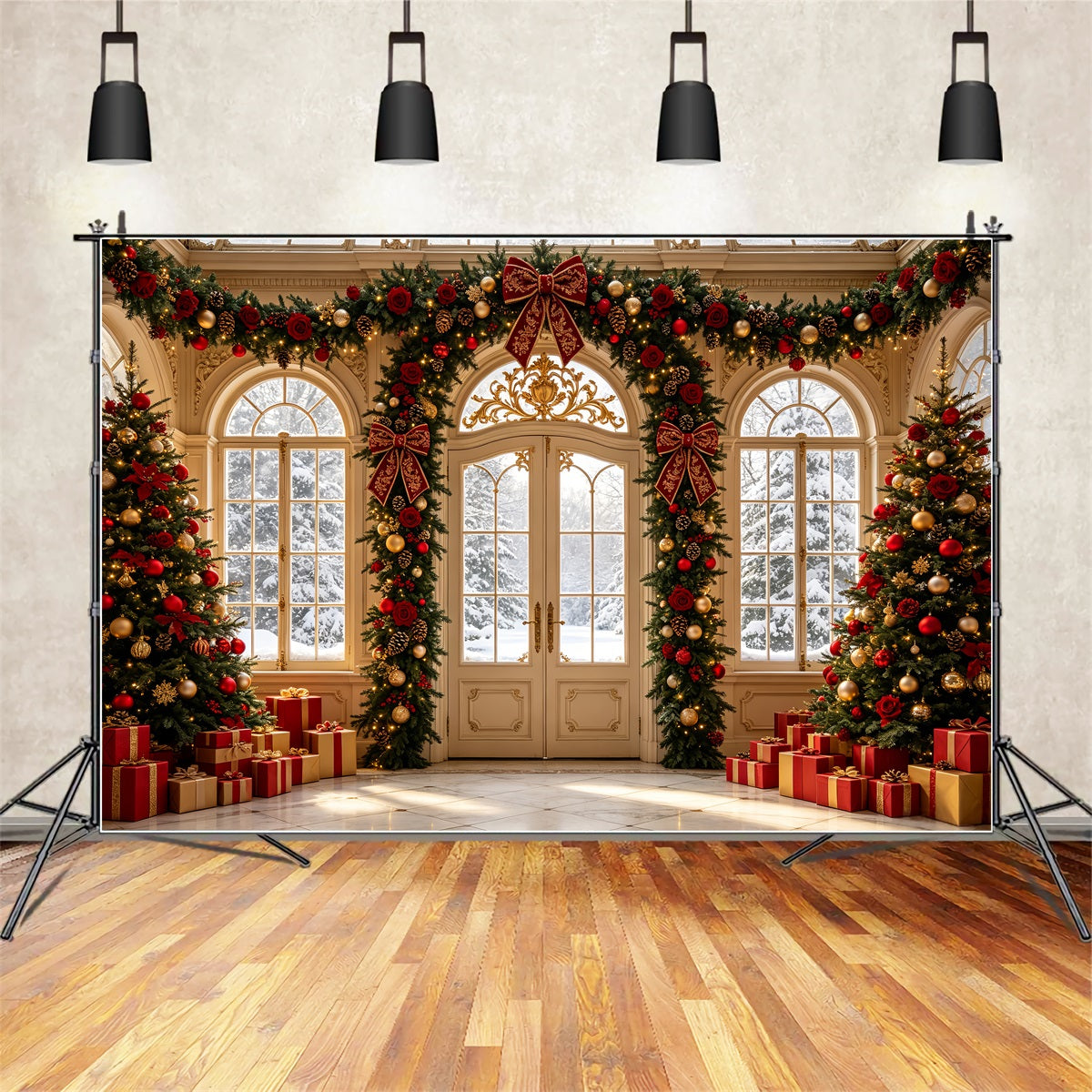 Christmas Living Room Backdrop Rose Garland Grand Entrance Christmas Wall Backdrops CSH69-43