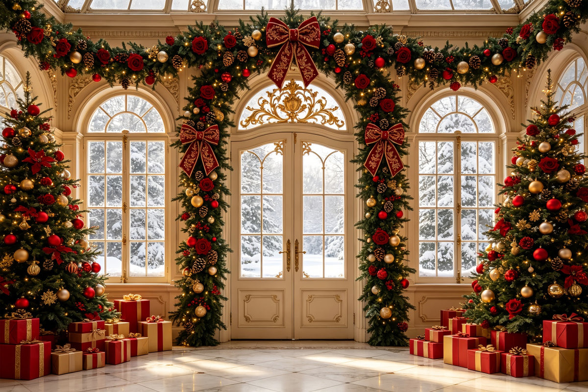 Christmas Living Room Backdrop Rose Garland Grand Entrance Christmas Wall Backdrops CSH69-43