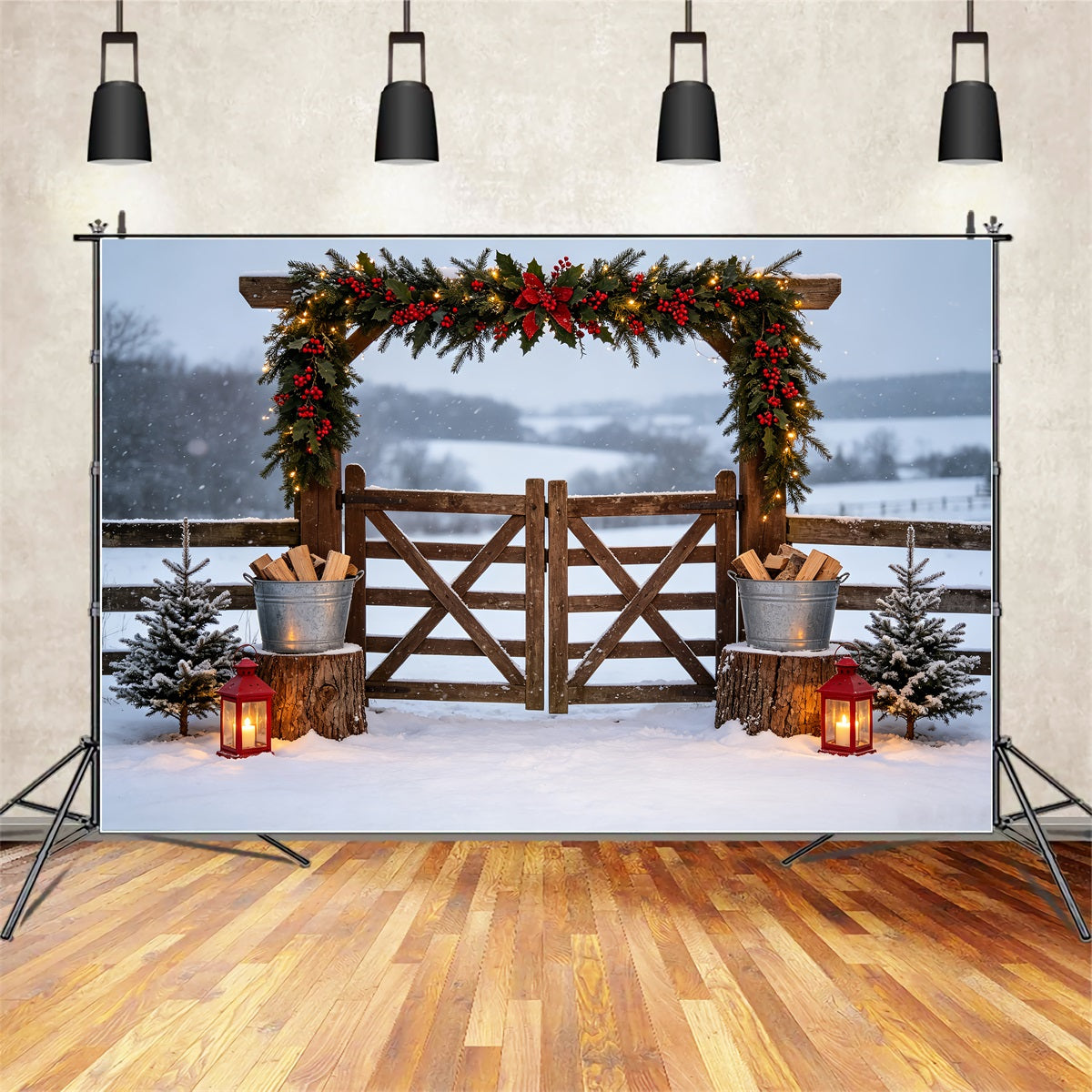 Country Christmas Backdrop Snowy Garland Farm Gate Photo Christmas Backdrops CSH69-49