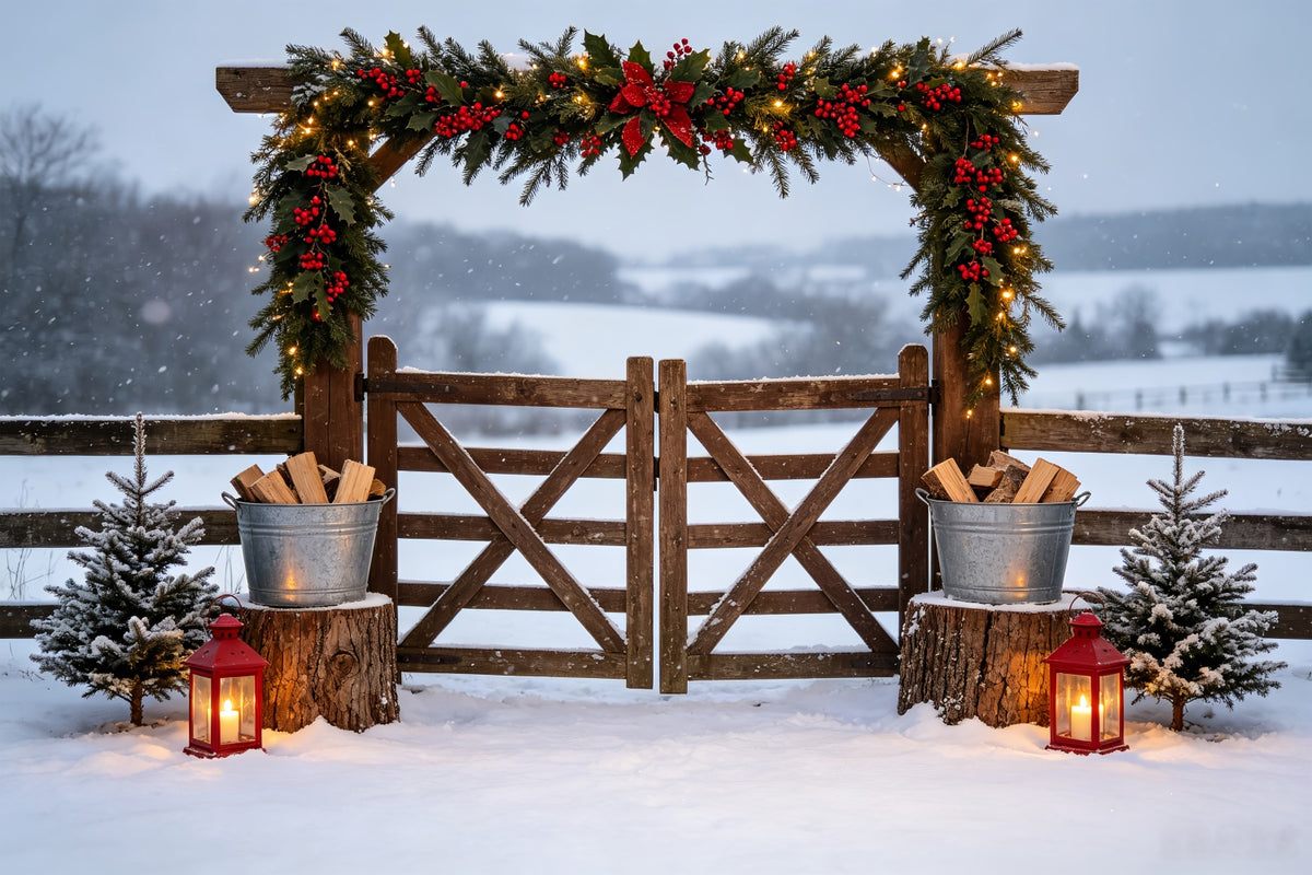 Country Christmas Backdrop Snowy Garland Farm Gate Photo Christmas Backdrops CSH69-49