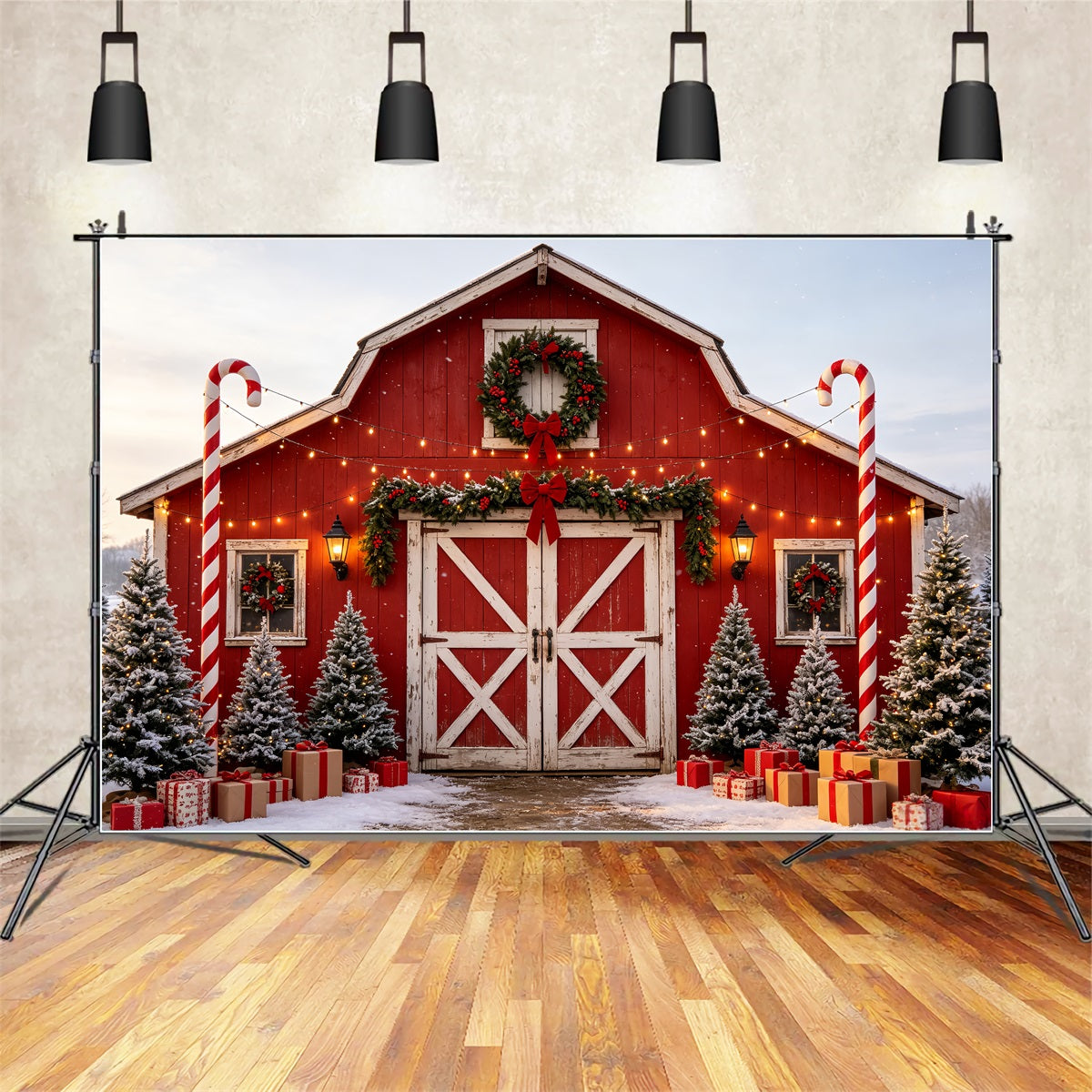 Christmas Farm Backdrop Candy Cane Barn Entrance Christmas Studio Backdrops CSH69-50