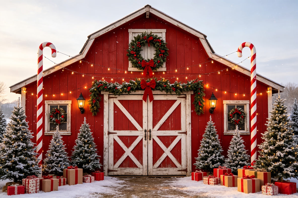 Christmas Farm Backdrop Candy Cane Barn Entrance Christmas Studio Backdrops CSH69-50