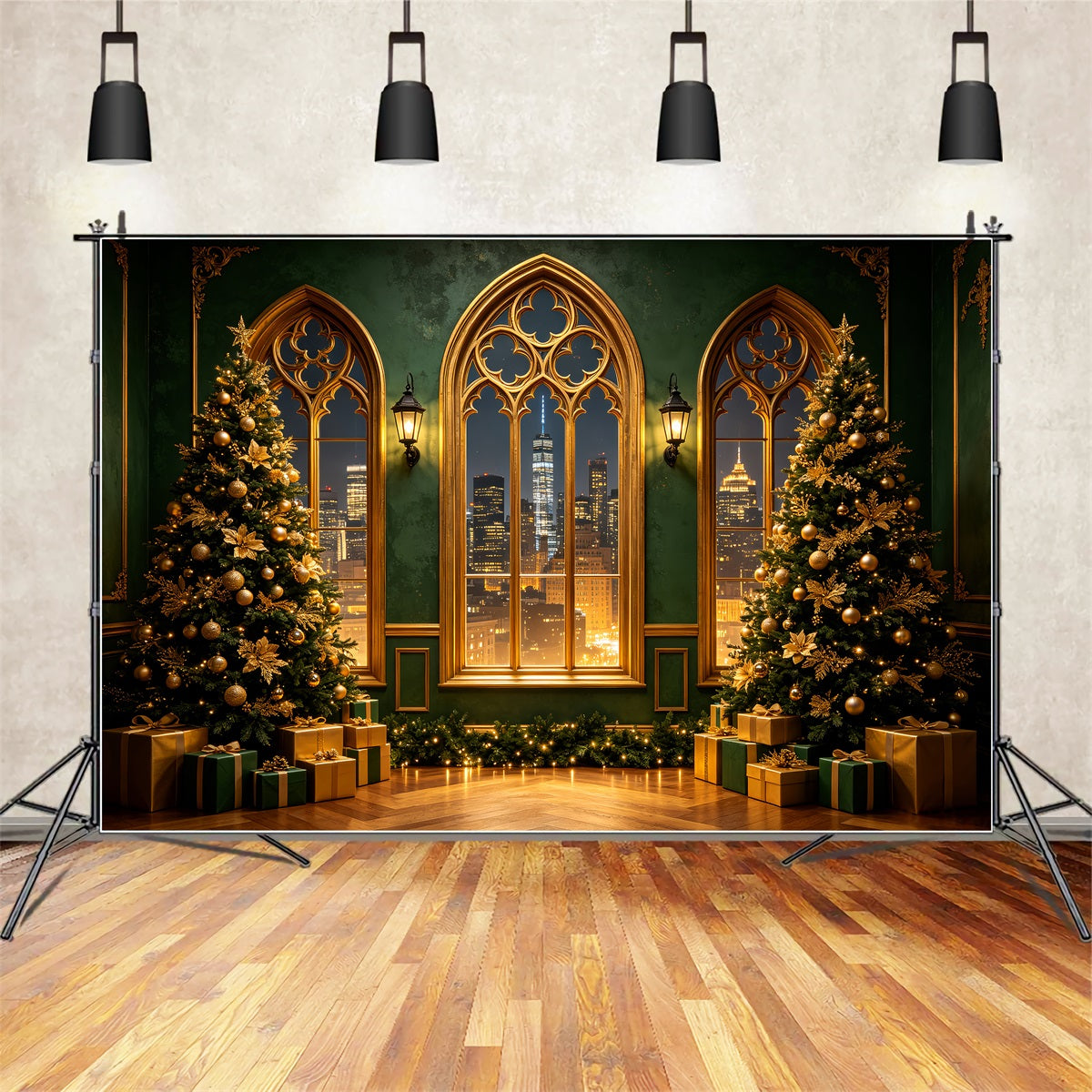 Modern Christmas Backdrop Golden Gothic City View Studio Christmas Backdrop CSH69-51