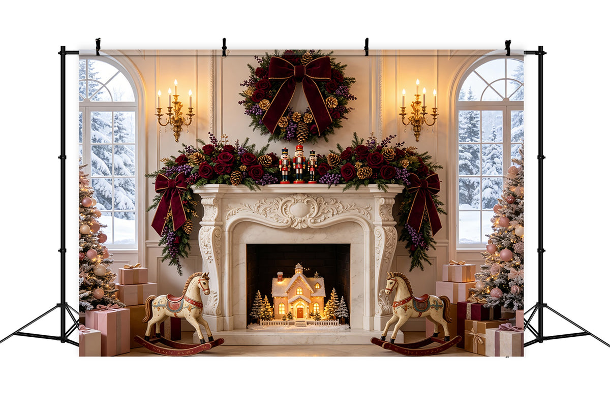 Christmas Fireplace Backdrop Burgundy Rose Mantel Decor Christmas Muslin Backdrop CSH69-54