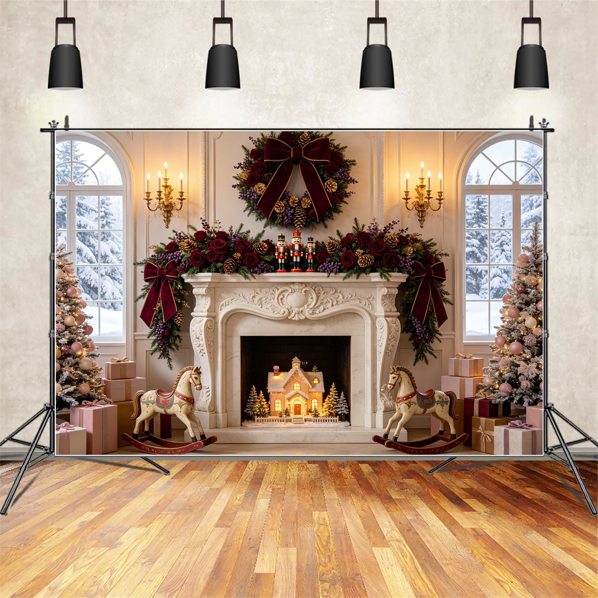 Christmas Fireplace Backdrop Burgundy Rose Mantel Decor Christmas Muslin Backdrop CSH69-54