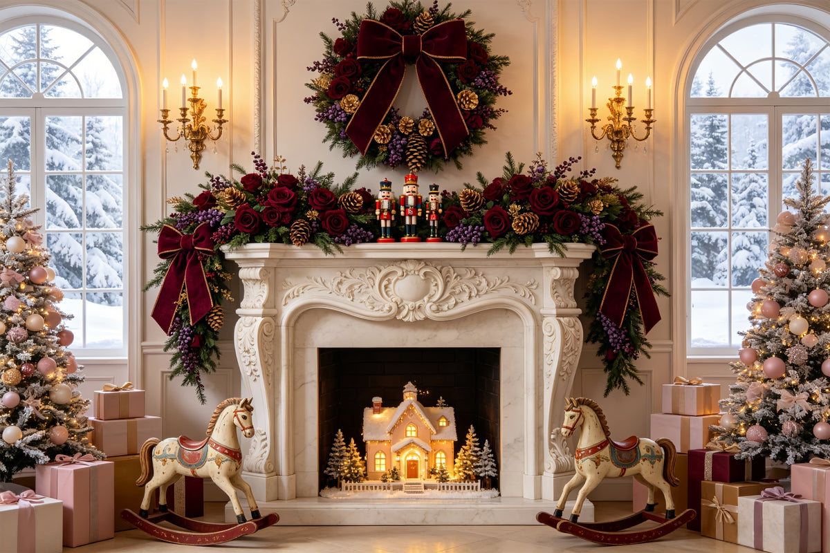 Christmas Fireplace Backdrop Burgundy Rose Mantel Decor Christmas Muslin Backdrop CSH69-54