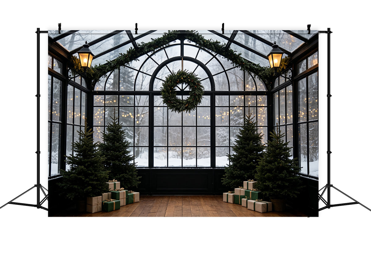Christmas Greenery Backdrop Snowy Conservatory Wreath Arch Christmas Indoor Backdrop CSH69-55