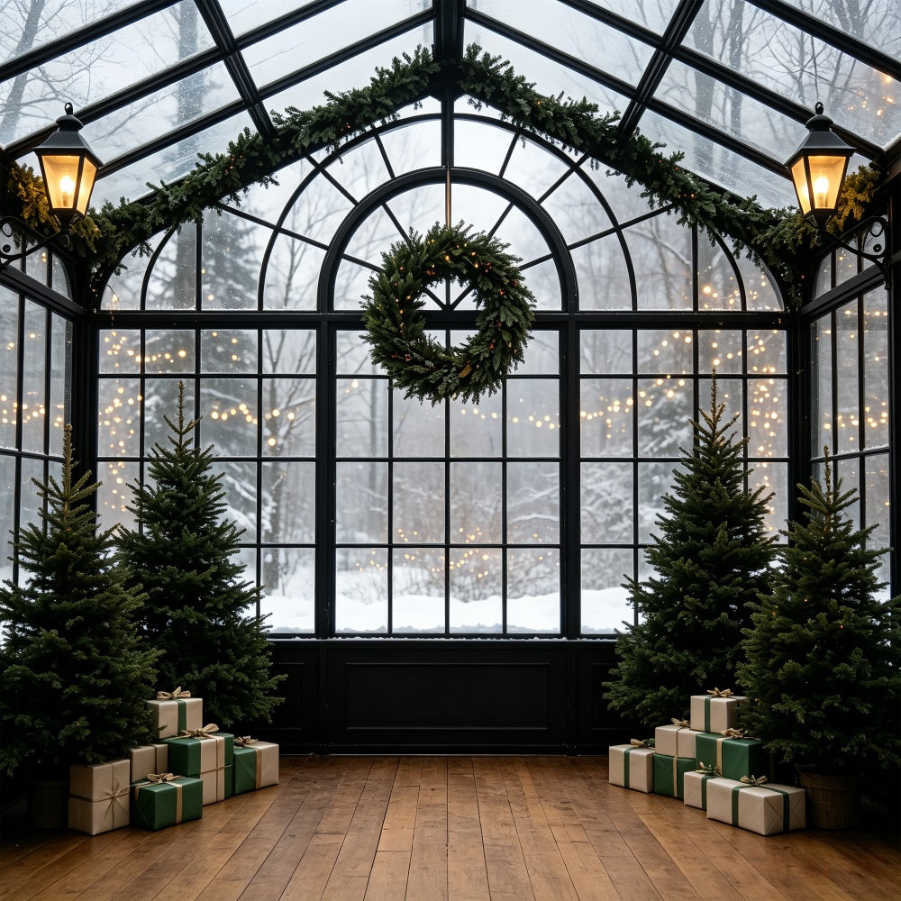 Christmas Greenery Backdrop Snowy Conservatory Wreath Arch Christmas Indoor Backdrop CSH69-55