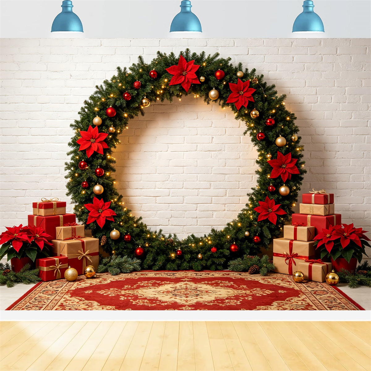 Christmas Picture Backdrop Poinsettia Wreath Gift Arch Christmas Backdrops For Photos CSH69-57
