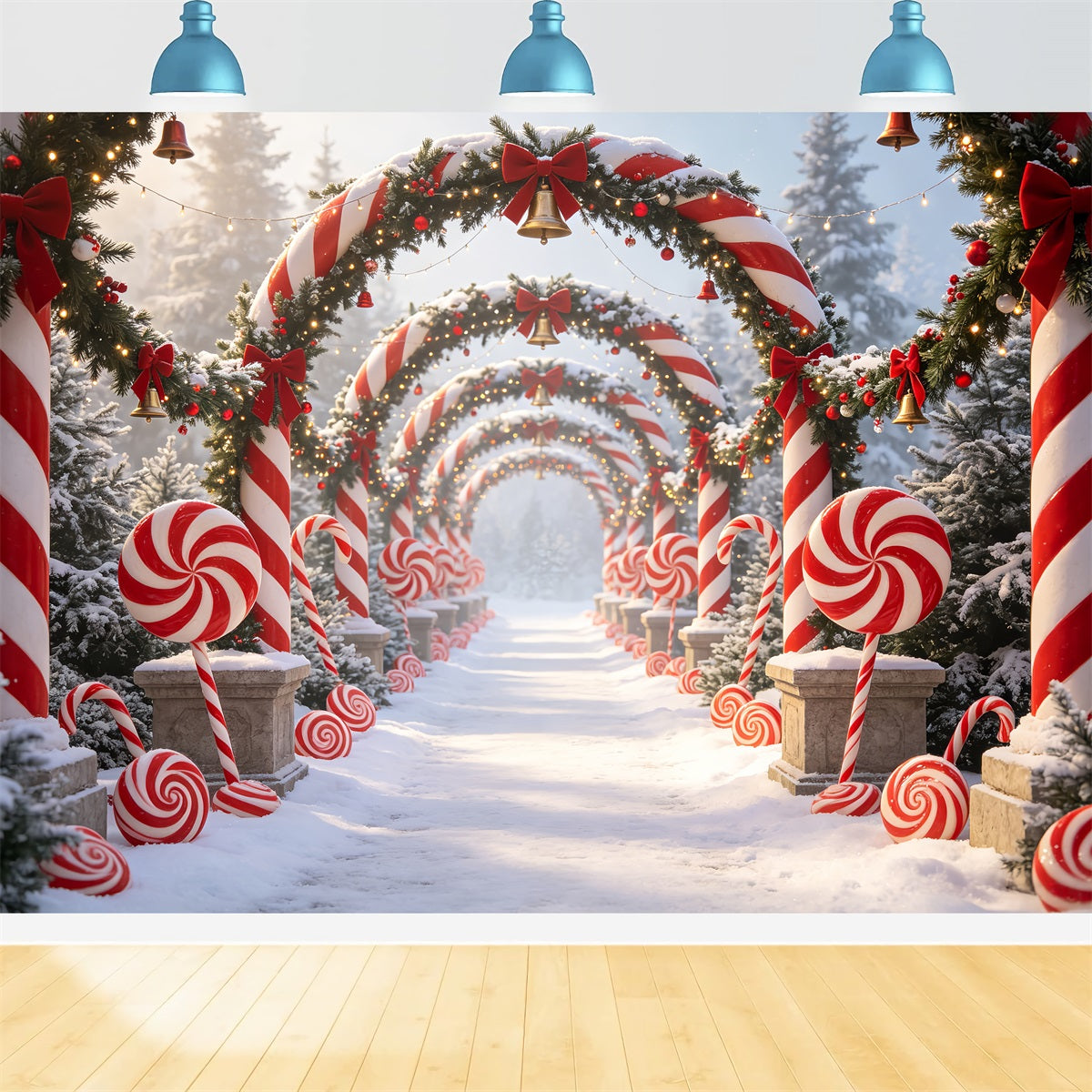Candy Cane Lane Backdrop Snowy Forest Archway Pathway 3D Christmas Backdrop CSH69-59