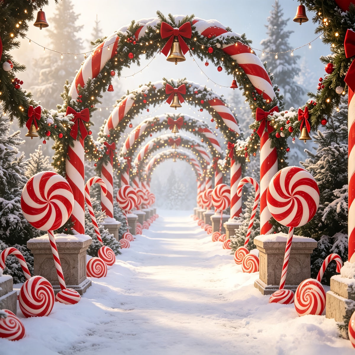 Candy Cane Lane Backdrop Snowy Forest Archway Pathway 3D Christmas Backdrop CSH69-59