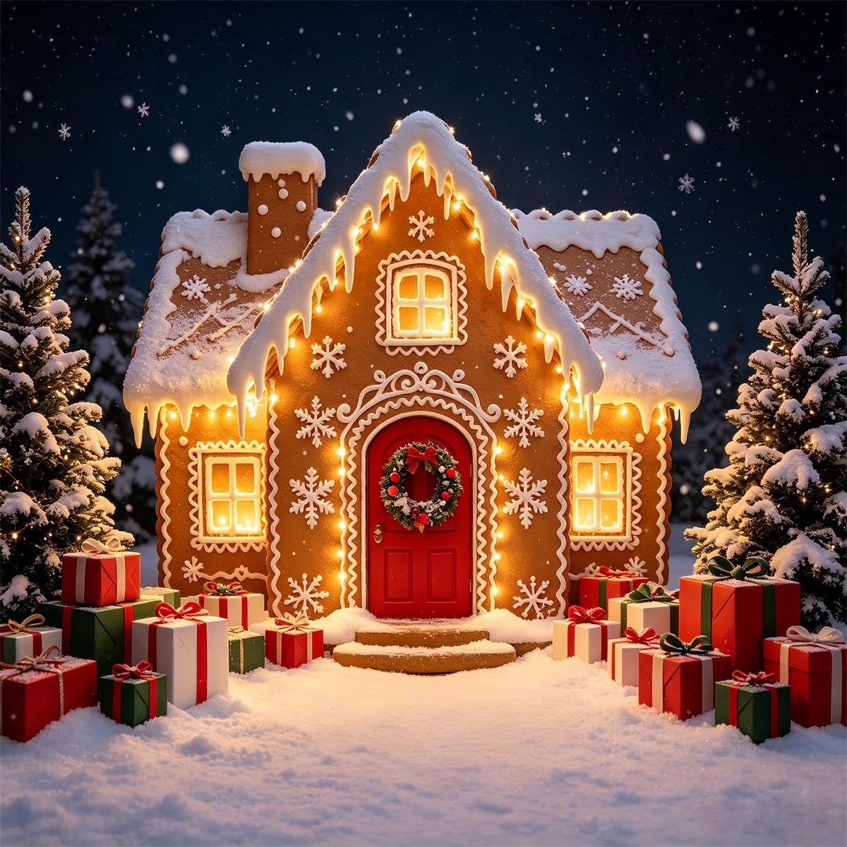 Gingerbread Photo Backdrop Snowy Forest Cabin Path Gingerbread House Backdrops CSH69-61