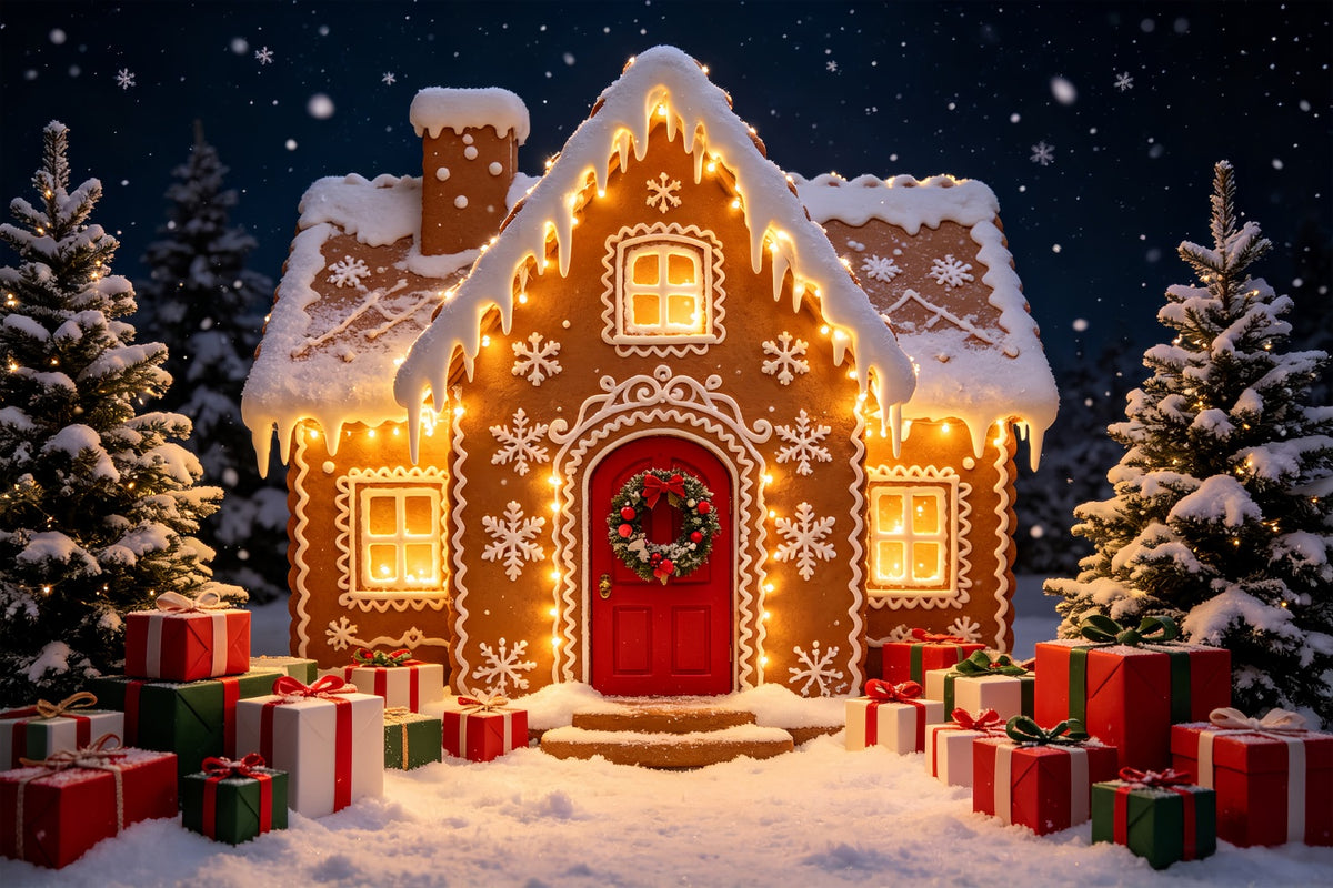 Gingerbread Photo Backdrop Snowy Forest Cabin Path Gingerbread House Backdrops CSH69-61