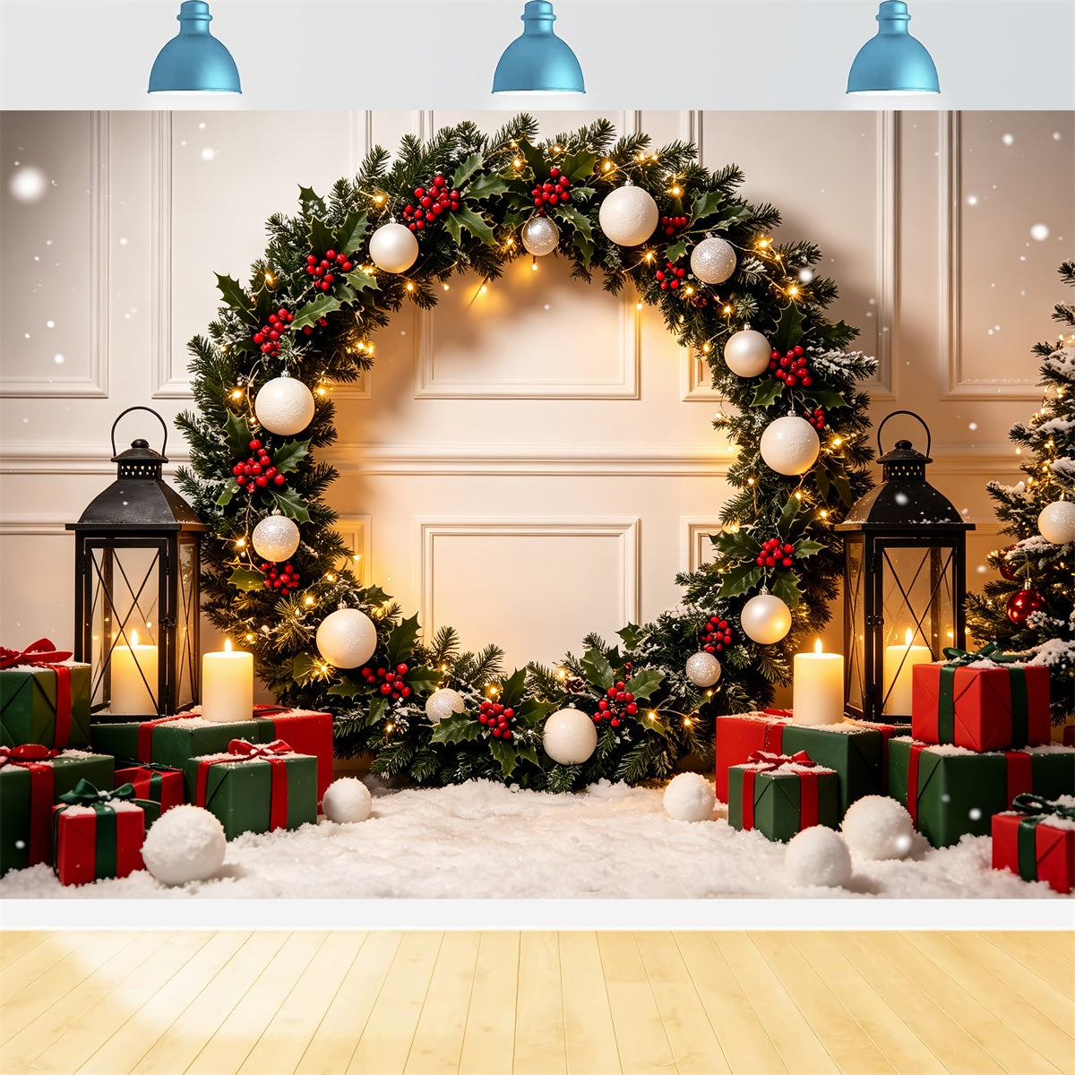 Christmas Photo Booth Backdrop Holly Lantern Gift Arch Christmas Backdrops Photography CSH69-62