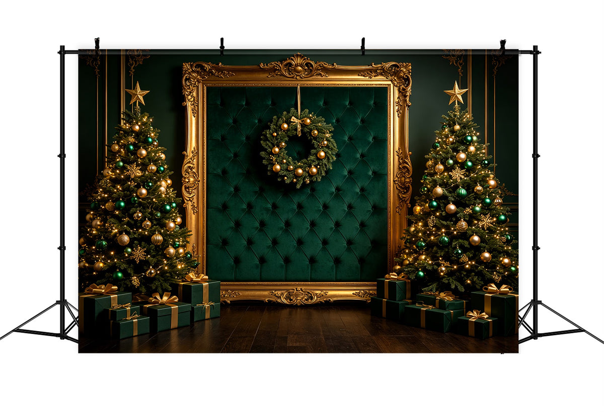 Christmas Portrait Backdrop Emerald Gold Frame Display Christmas Backdrops For Photos CSH69-65
