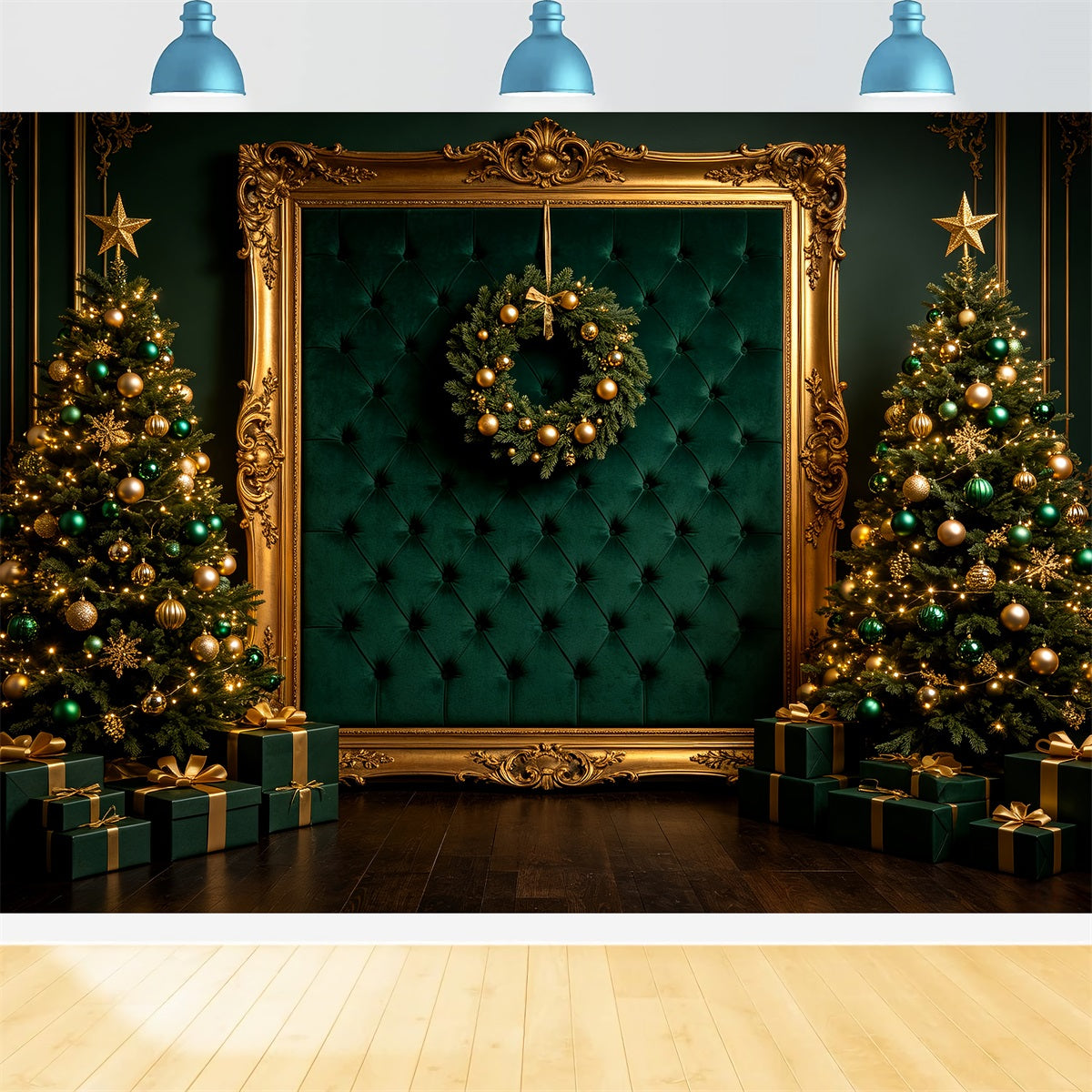 Christmas Portrait Backdrop Emerald Gold Frame Display Christmas Backdrops For Photos CSH69-65