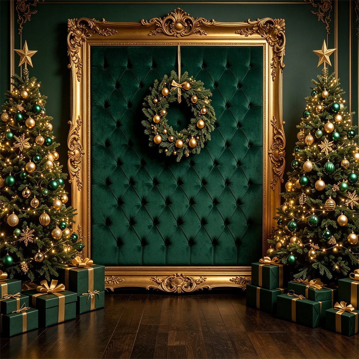 Christmas Portrait Backdrop Emerald Gold Frame Display Christmas Backdrops For Photos CSH69-65