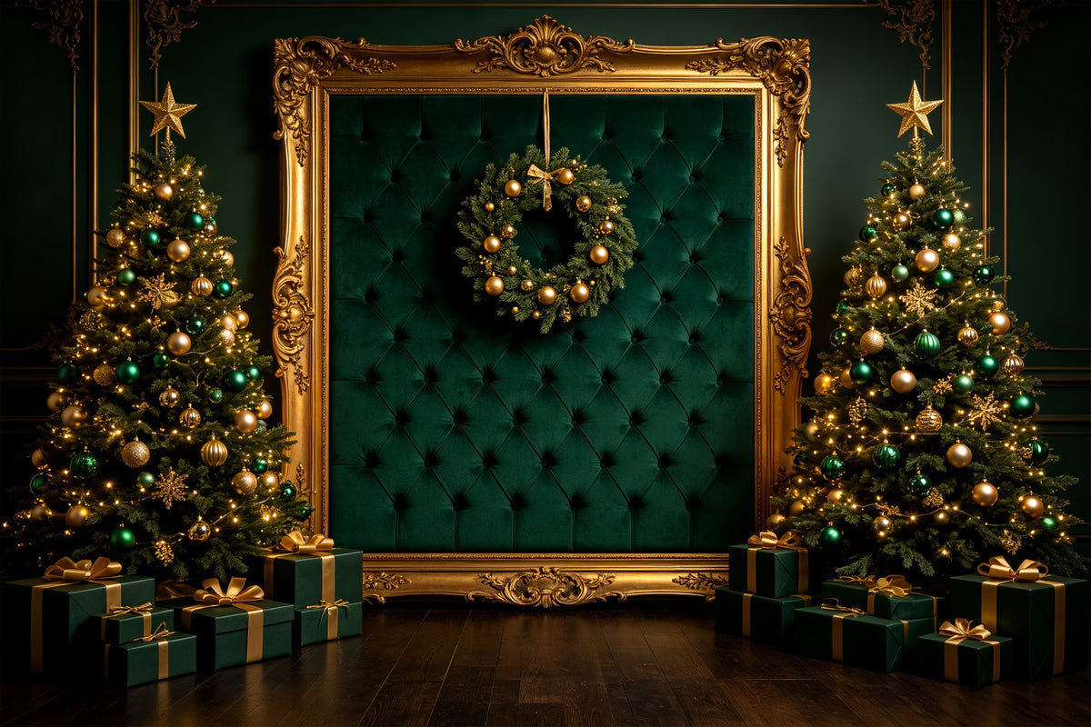 Christmas Portrait Backdrop Emerald Gold Frame Display Christmas Backdrops For Photos CSH69-65