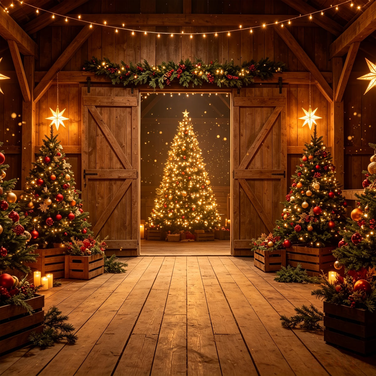 Western Christmas Backdrop Rustic Barn Tree Glow Christmas Outdoor Backdrop CSH69-67