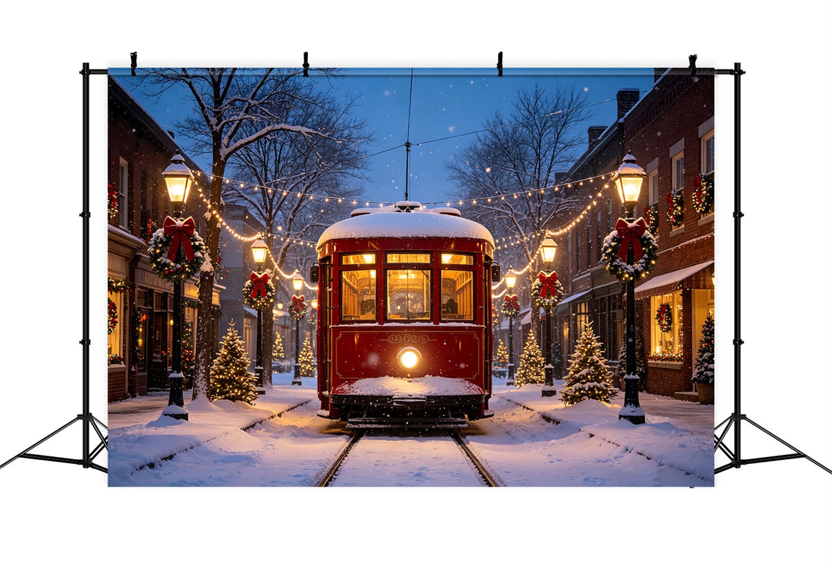 Christmas Village Backdrops Vintage Tram Snowy Street Backdrop For Christmas Village CSH69-68