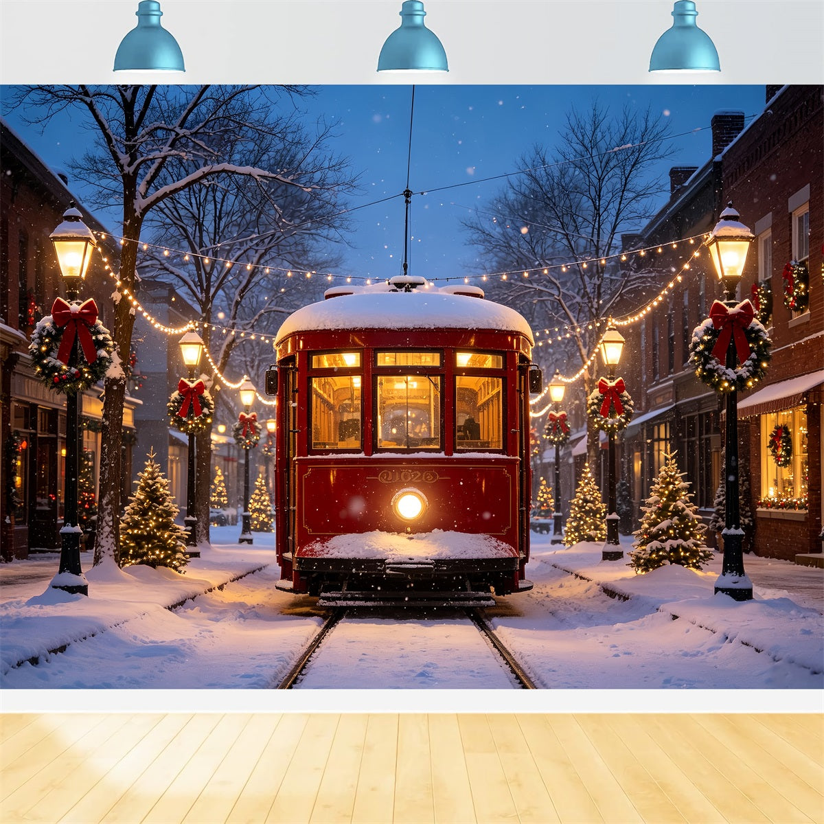 Christmas Village Backdrops Vintage Tram Snowy Street Backdrop For Christmas Village CSH69-68