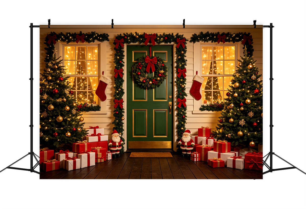 Outdoor Christmas Backdrop Green Door Wreath Entrance Xmas Backdrop CSH69-73