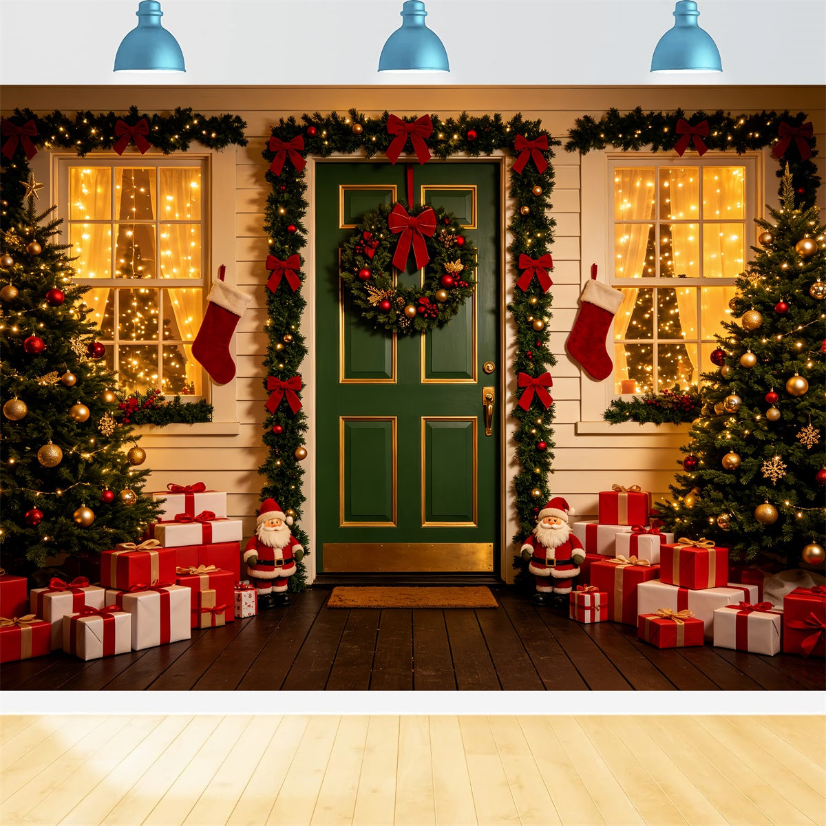 Outdoor Christmas Backdrop Green Door Wreath Entrance Xmas Backdrop CSH69-73