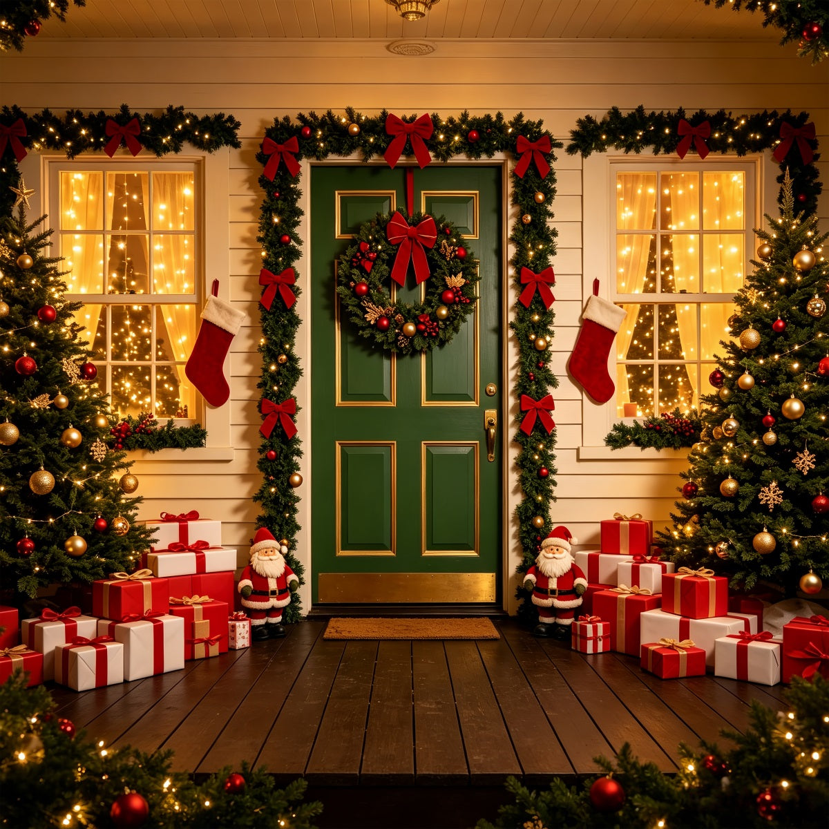 Outdoor Christmas Backdrop Green Door Wreath Entrance Xmas Backdrop CSH69-73