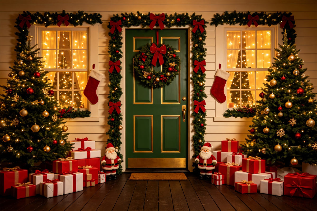 Outdoor Christmas Backdrop Green Door Wreath Entrance Xmas Backdrop CSH69-73