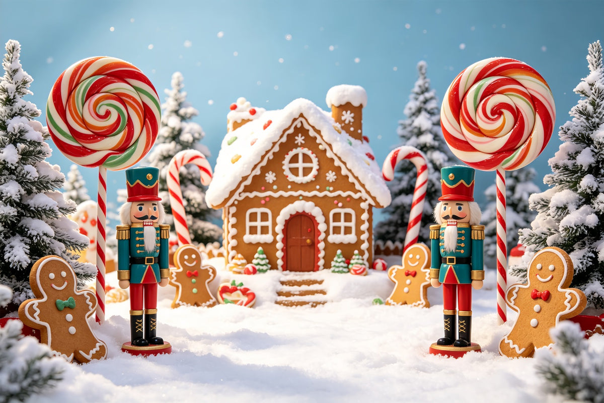 Nutcracker Land Of Sweets Backdrop Snowy Candy Village Gingerbread Photo Backdrop CSH69-75