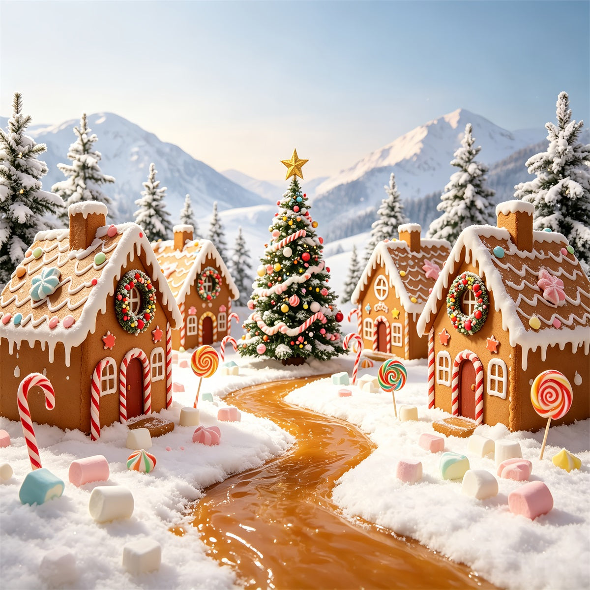 Gingerbread House Backdrop Candyland Snowy Village Gingerbread House Backdrops CSH69-76
