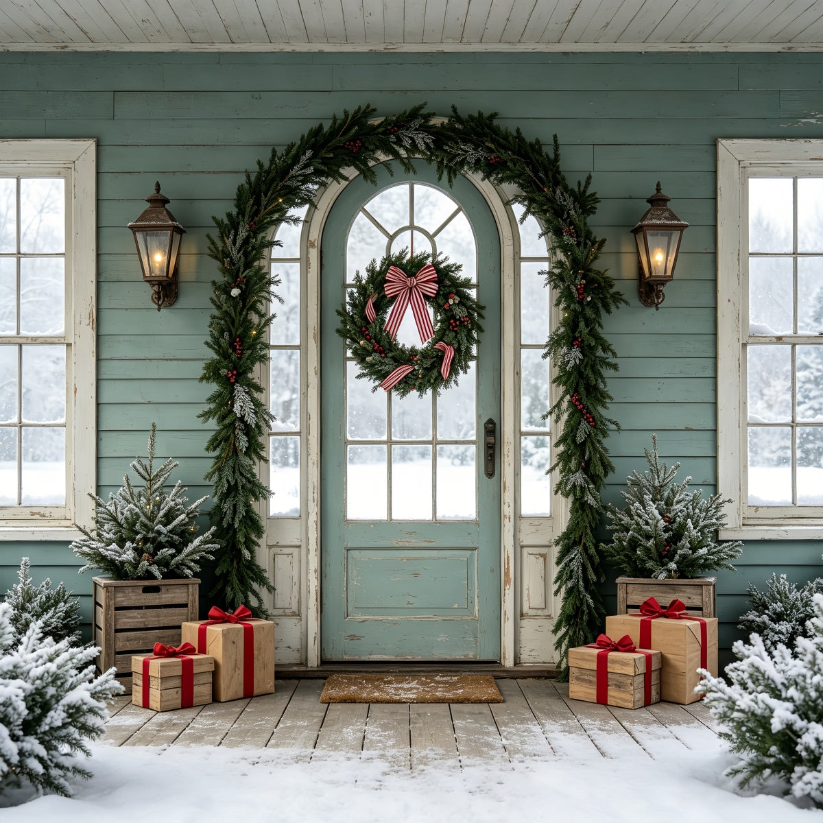 Christmas Card Backdrop Frosted Green Doorway Xmas Backdrop CSH69-77