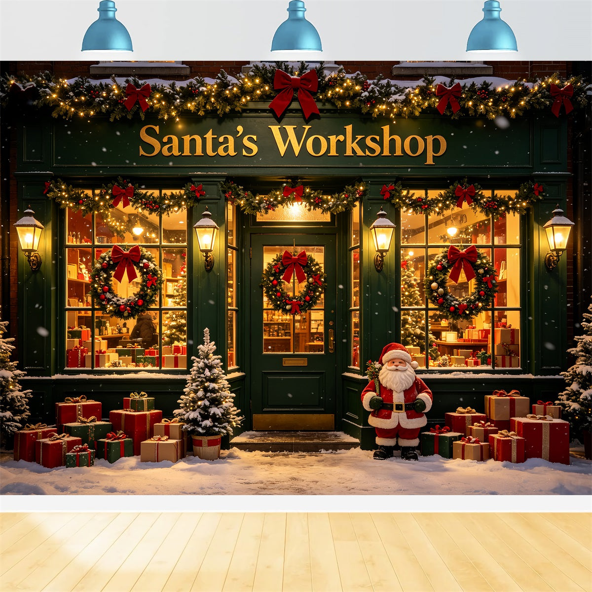 Santa's Workshop Photo Backdrop Snow Green Storefront Santa Photo Backdrop CSH69-78