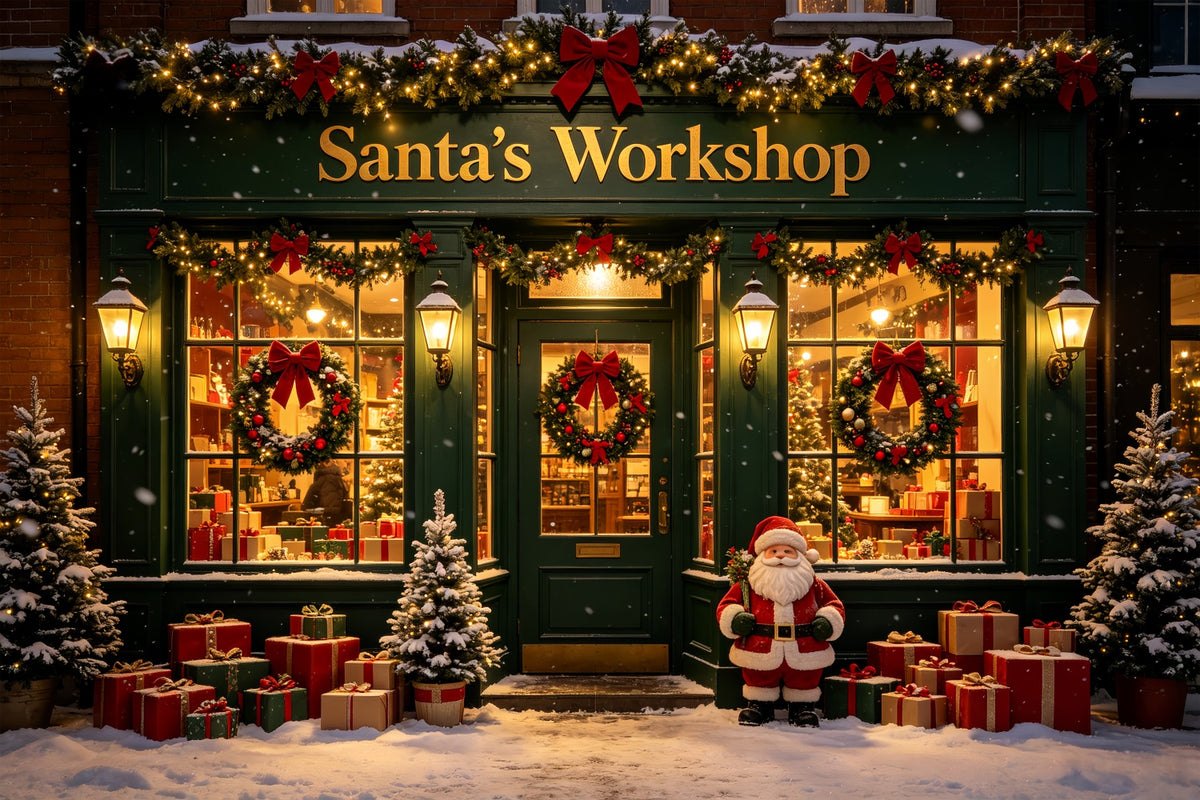 Santa's Workshop Photo Backdrop Snow Green Storefront Santa Photo Backdrop CSH69-78