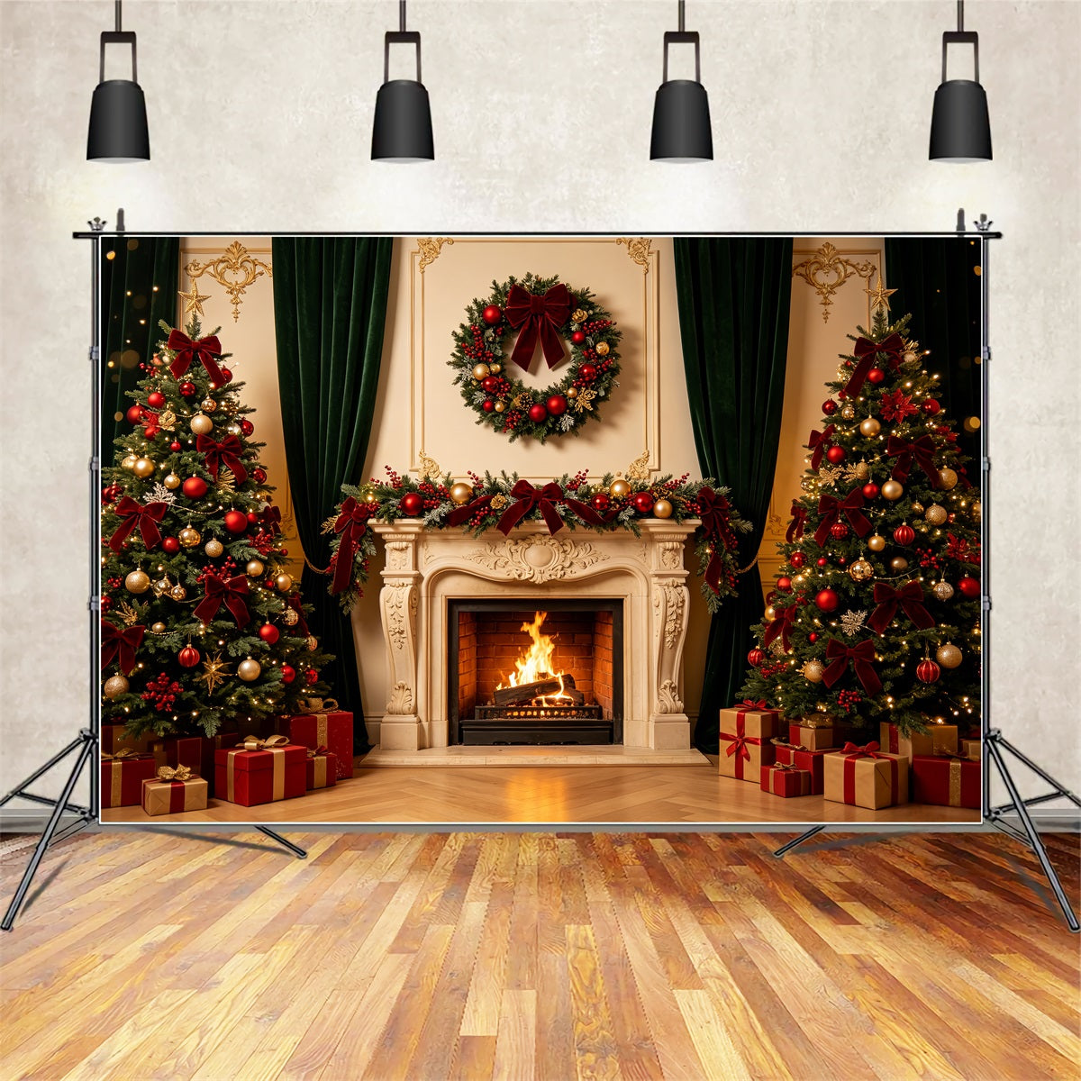 Christmas Fireplace Backdrop Elegant Wreath Retro Wall Photography Backdrop Christmas CSH69-8