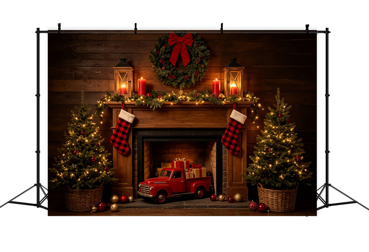 Christmas Fireplace Backdrop Rustic Fireplace Truck Display Western Christmas Backdrop CSH69-81