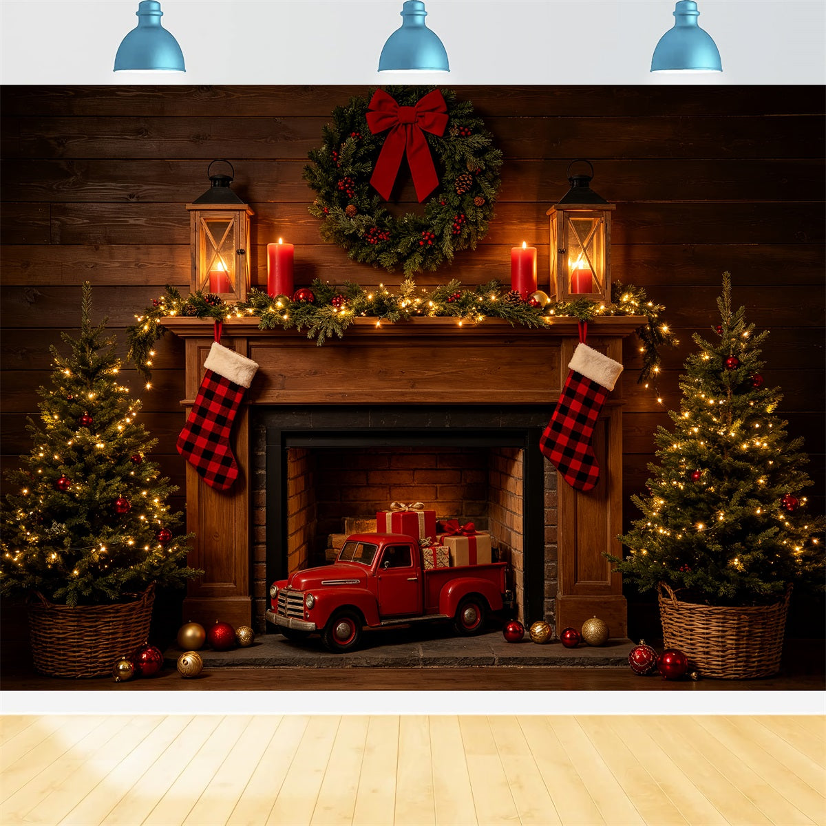 Christmas Fireplace Backdrop Rustic Fireplace Truck Display Western Christmas Backdrop CSH69-81