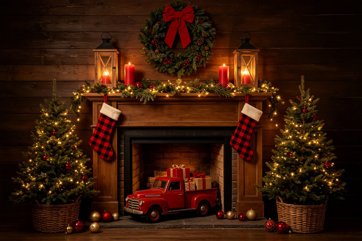 Christmas Fireplace Backdrop Rustic Fireplace Truck Display Western Christmas Backdrop CSH69-81